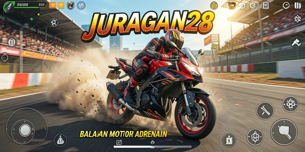 Tampilan gameplay seru di JURAGAN28 menampilkan balapan motor yang mendebarkan.
