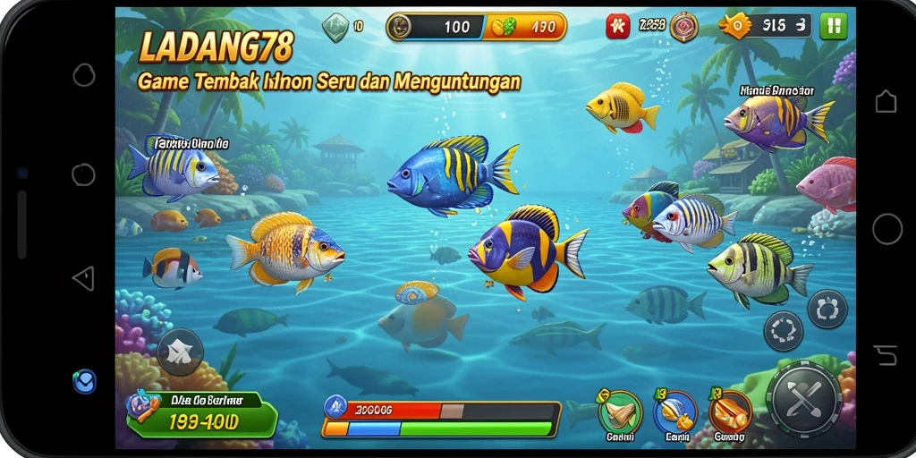 Tangkapan layar gameplay seru dari LADANG78 saat menembak ikan.